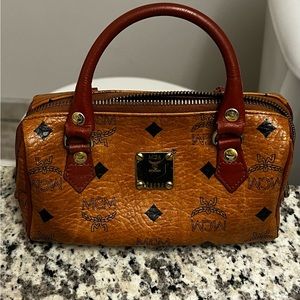 MCM Cognac Visetos mini Boston Crossbody bag.